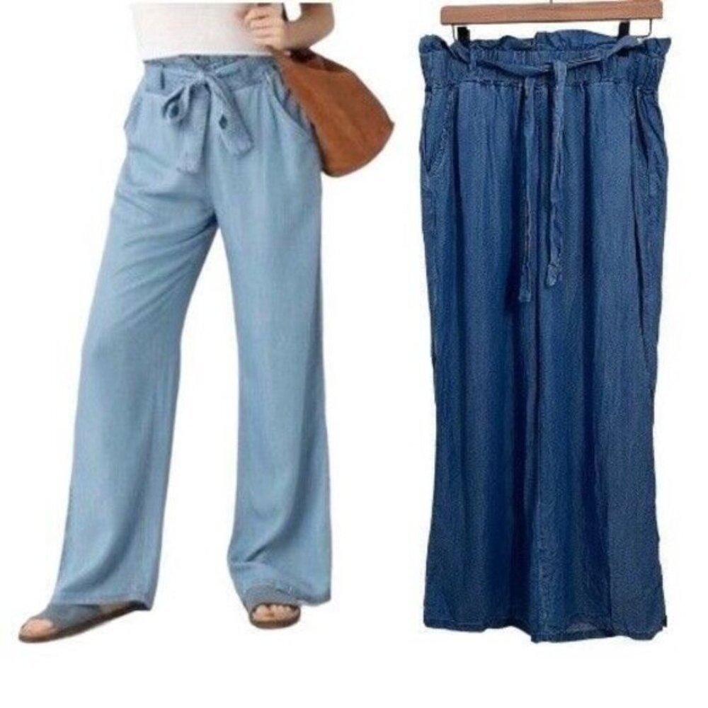 Thread & Supply Wide Leg Chambray Pants Women Size XL Dark Blue Paper Bag